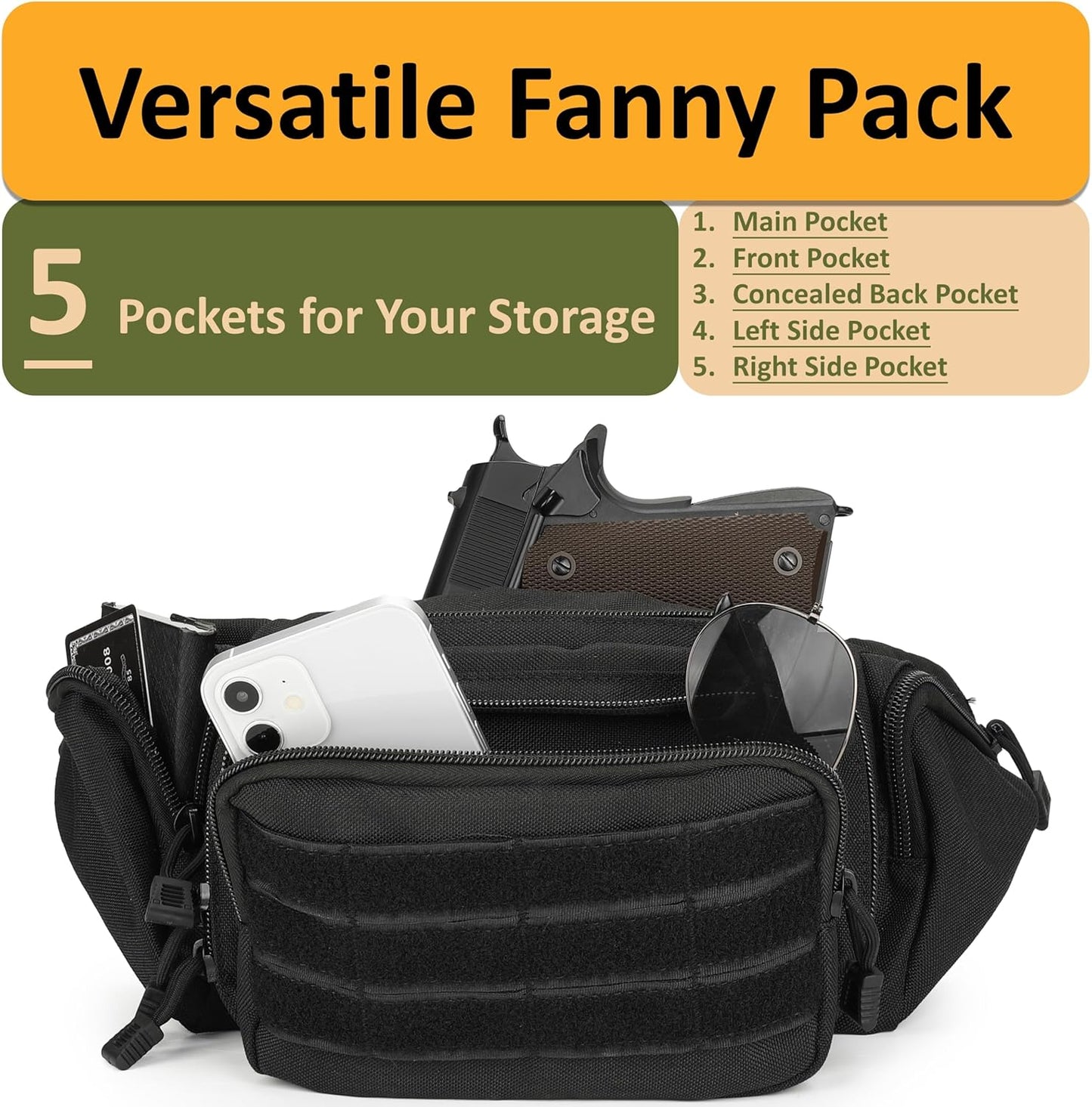 Concealed Carry Fanny Pack, Tactical Fanny Pistol Pack for Men, Military Molle Pistol Waist Bag